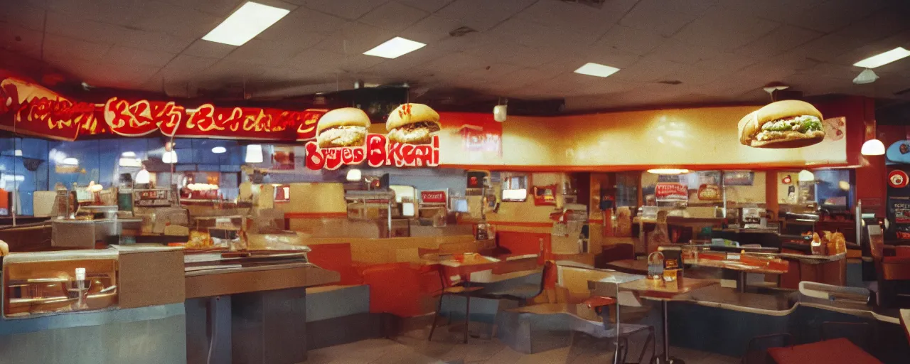 Image similar to spaghetti burger at a 1 9 9 0 s burger king ( restaurant chain ), canon 5 0 mm, kodachrome, in the style of wes anderson