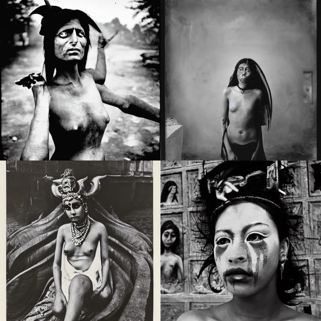 Prompt: a masterpiece portrait photograph of a demon goddess, by henri cartier - bresson, by sohrab hura, by raghu rai, shot on large format film camera, cinematic composition,
