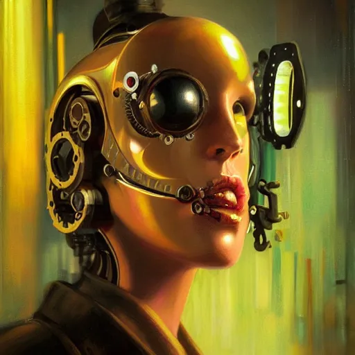 Image similar to detailed face of a clockwork biomechanical woman, moment, cyberpunk cloisters, electronic billboards, tech noir, wet reflections, prism, atmospheric, ambient, pj crook, syd mead, livia prima, greg rutkowski, edward hopper