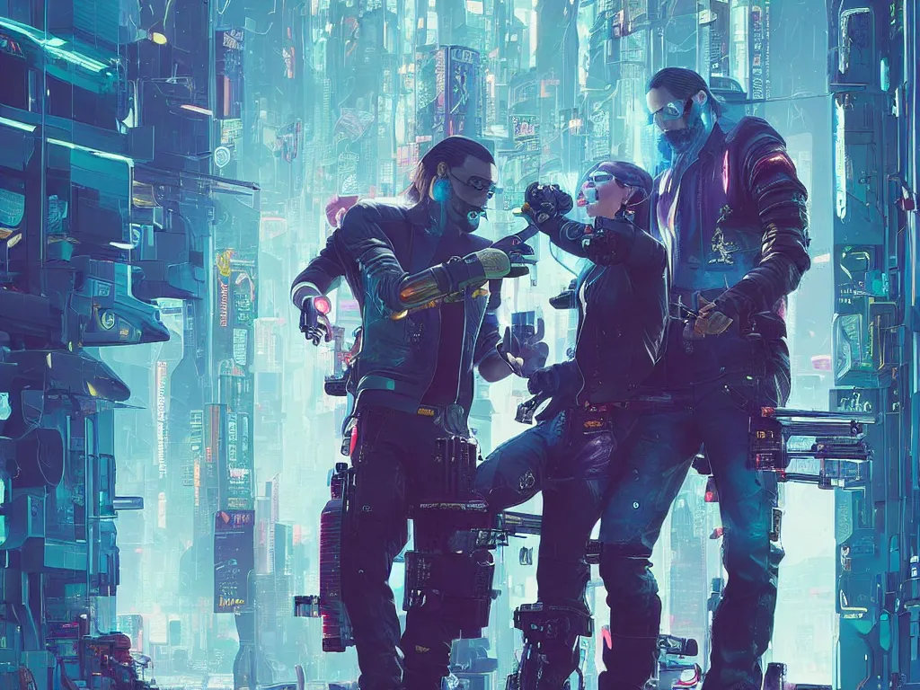 Image similar to a cyberpunk 2077 couple portrait of Keanu Reeves as Johnny Silver hand and female V in daily life ,love story, pray, hug, hold, kiss, film lighting, by Laurie Greasley, William Morris, Dan Mumford, John Wick, Speed, Replicas, Destination Wedding, The Lake House, artstation, full of color, Digital painting, face enhance, highly detailed,8K, octane, golden ratio, cinematic lighting