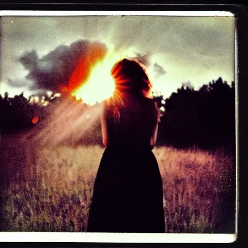 Image similar to an aged polaroid photo of a young woman seen from behind, the sun exploding in the sky, detailed clouds, high contrast, film grain, color bleed