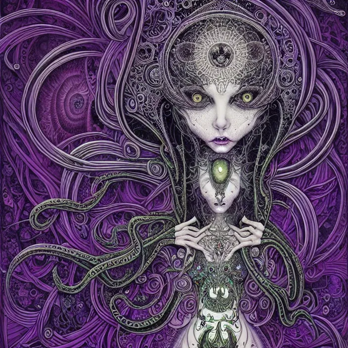 Image similar to depicting a highly detailed beautiful lovecraftian female priestess, in the style of joe fenton, dynamic energetic pose, exuberant organic elegant forms, perfect face, pale skin, by dan hillier : : 1. 4 purple, red, blue, green, black intricate mandala explosions : : intuit art : : turbulent water backdrop : : damask wallpaper : : atmospheric