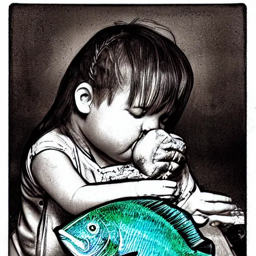 Prompt: the same style. the most beautiful little fat sweet girl is kissing a huge colorful cute fish. modern etching. colored print. hype realistic scene. old photography style. studio lighting. window. 3 d, artstation, deep focus