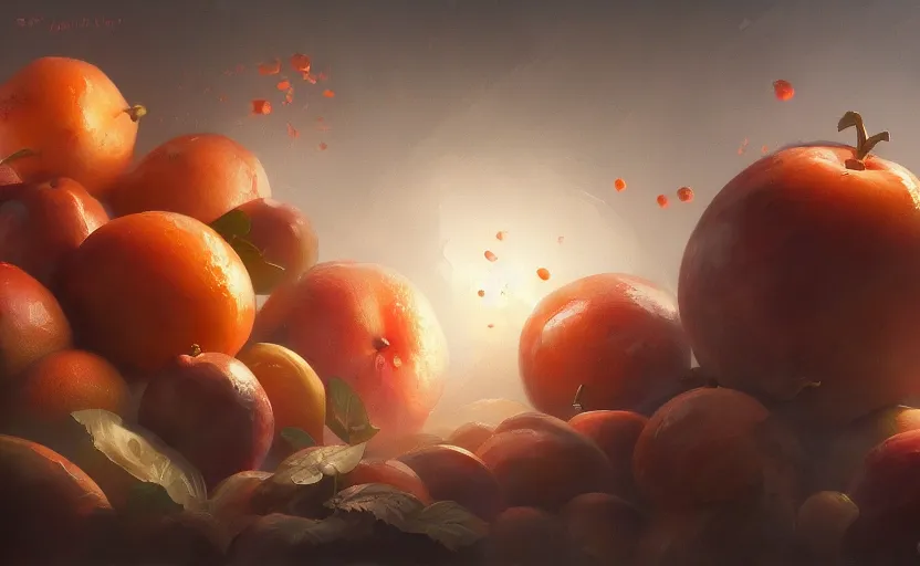 Prompt: a painting of 🍑🍑🍊🥭🍋🍑🍑 trending on artstation in the style of greg rutkowski