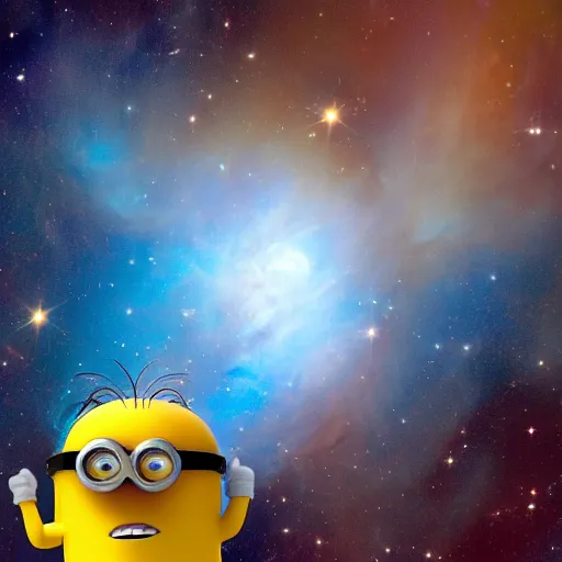 Prompt: hubble space telescope photo of a nebula shaped like a cute minion, detailed, 4 k