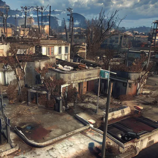 Image similar to Cannes, France in ruins post-nuclear war in Fallout 4, in game screenshot