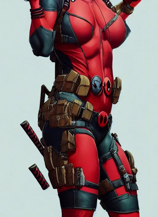 Image similar to female deadpool, naturel, hyper detailed, digital art, trending in artstation, cinematic lighting, studio quality, smooth render, unreal engine 5 rendered, octane rendered, art style by klimt and nixeu and ian sprigger and wlop and krenz cushart