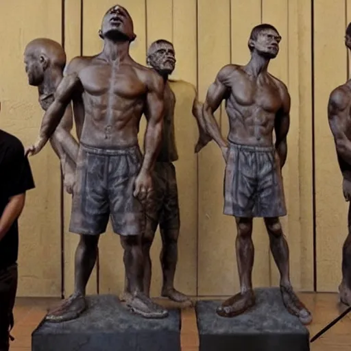 Prompt: group of young men worshipping giant statue of joe rogan and andrew tate in real life, 8 k, 4 k uhd, realistic, hyper realistic, super detailed, very detailed, detailed