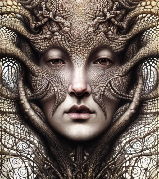 Image similar to detailed realistic beautiful reptile goddess face portrait by jean delville, gustave dore, iris van herpen and marco mazzoni, art forms of nature by ernst haeckel, art nouveau, symbolist, visionary, gothic, neo - gothic, pre - raphaelite, fractal lace, intricate alien botanicals, ai biodiversity, surreality, hyperdetailed ultrasharp octane render