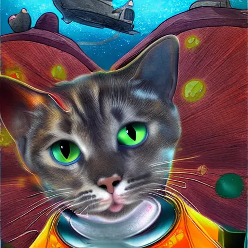 Image similar to a cat submarine chimera, digital art