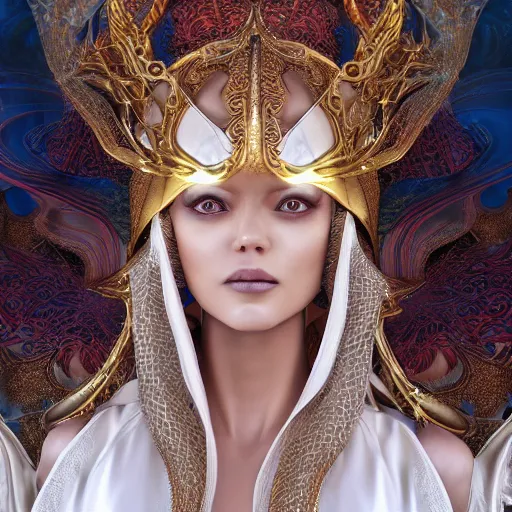 Image similar to a beautiful woman wearing white kaftan with golden ornaments by alex gray and android jones , Karol Bak, Ayami Kojima, Amano , concept art, character design, fantasy,3D, 8k resolution