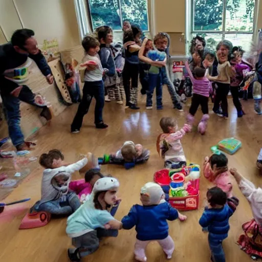 Prompt: wide - angle photograph of a group of toddlers rioting after listening to jordan peterson debate nap time, inside daycare center, jordan peterson as a toddler