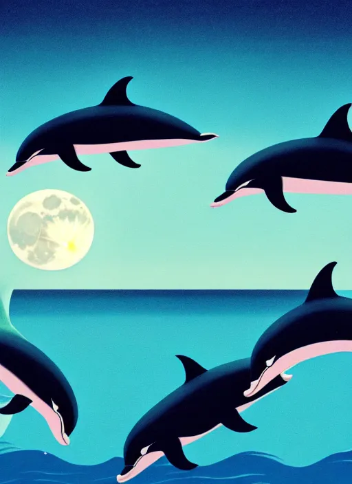 Prompt: dolphins jumping out of the ocean, full moon, night stars, pastel colors, wallpaper aesthetic, beautiful, cinematic, dramatic, super detailed and intricate, 4 k render, by koson ohara, by darwyn cooke, by satoshi kon