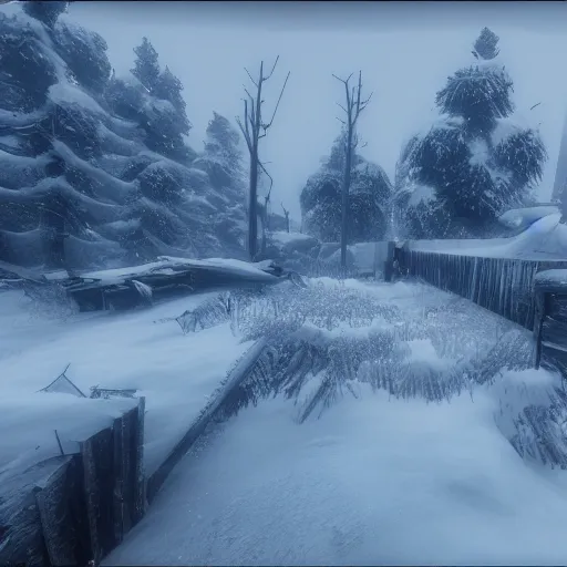 Prompt: frostpunk wood resources, a lot of snow, coast, abandoned