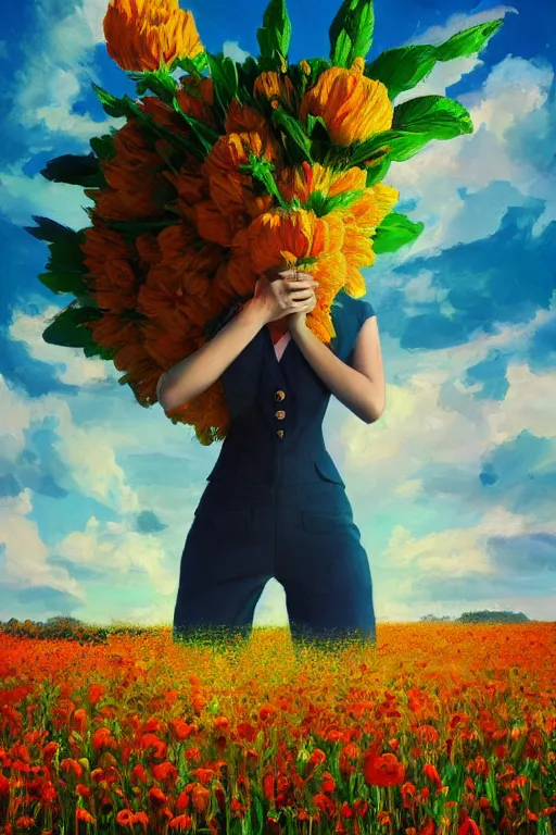 Image similar to closeup, giant flower head, girl in suit standing in a field of flowers, surreal photography, sunrise, blue sky, dramatic light, impressionist painting, digital painting, artstation, simon stalenhag