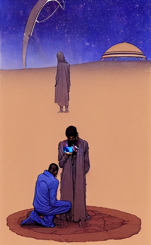 Image similar to a hyperrealist watercolour character concept art portrait of two middle eastern men kneeling down in prayer in front of a 1 2 ft. thin alien on a misty night in the desert. a ufo is in the background. by rebecca guay, michael kaluta, charles vess and jean moebius giraud