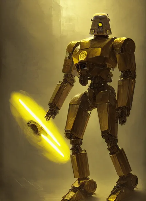 Prompt: human-sized strong intricate yellow pit droid, longsword and paladin shield, pancake flat head, exposed metal bones, painterly humanoid mecha, full body, sharp focus, cinematic, by Greg Rutkowski