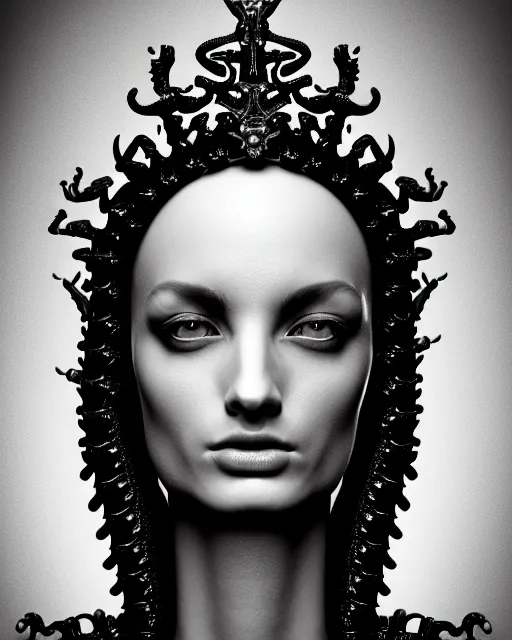 Image similar to a black and white high quality photo of a young beautiful female queen-dragon-cyborg bust with a very long neck and Mandelbrot fractal face, Mandelbrot fractal skin, flesh, anatomical, facial muscles, veins, arteries, elegant, highly detailed, flesh highly baroque ornate, hair are cable wires, elegant, high fashion, rim light, octane render, in the style of H.R. Giger and Man Ray, Realistic, Refined, Digital Art, Highly Detailed, Cinematic Lighting, rim light, black and white, photo-realistic, 8K