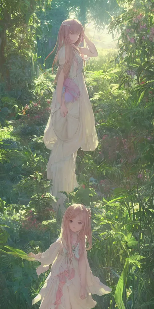 Image similar to a digital art of a loli with long hair in a dress in the privet garden at after noon, green and warm theme, back lighting, by krenz cushart and mucha and akihito yoshida and greg rutkowski and makoto shinkai, extremely long shot, detailed eyes, 4 k resolution, trending on art station