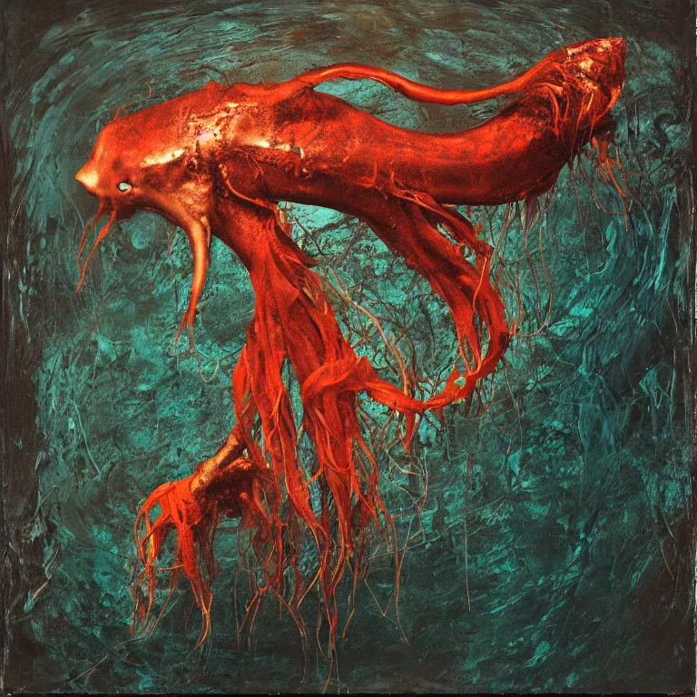 Prompt: Hyperrealistic Studio wet collodion Photograph portrait of a deep sea Vampire squid deep underwater in darkness, award-winning nature deep sea expressionistic impasto oil painting by Cy Twombly and Tim Hawkinson vivid colors hyperrealism 8k