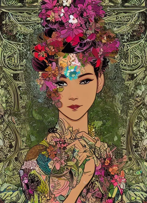 Image similar to !!! very coherent!!! vector art, beautiful floralpunk balinese cyborg portrait girl female illustration detailed patterns art of bali traditional dress, flower pop art, floral splash painting, art by geof darrow, ashley wood, alphonse mucha, makoto shinkai, dark shadow