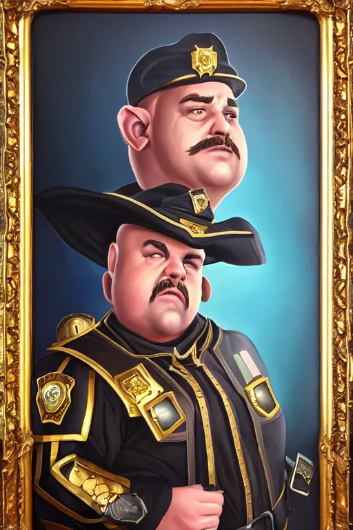 Prompt: high elf mall cop with a sheriff's badge that is fat, shifty, and incompetent, RPG portrait from the chest up, Oil Painting, dramatic lighting, renaissance