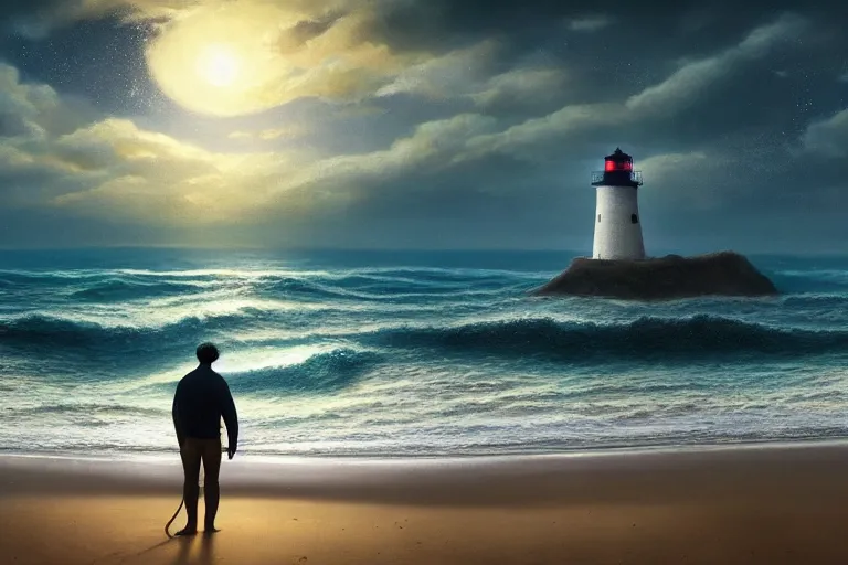 Image similar to photo of man riding a horse along the beach, glowing underwater waves toward a lighthouse in the distance guiding his way, silhouette, wide horizon, large white clouds, night, intricate, elegant, highly detailed, digital painting, artstation, concept art, smooth, sharp focus, illustration, art by artgerm and greg rutkowski and fra angelico