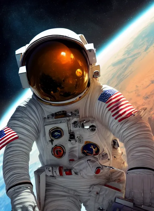 Image similar to Gorgeous NASA astronaut in space, cel-shaded, detailed, focused. Cinematic, hyper realism, realistic proportions, dramatic lighting, high detail 4k