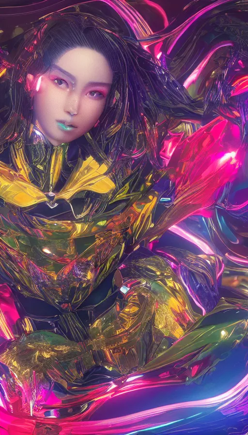 Image similar to a provenance genshin impact, holographic undertones, highly saturated colors, cute - fine - face, backlit, refracted lighting, elegant, half body shot, 8 k, insanely detailed, intricate, raytracing, octane, trending on artstation