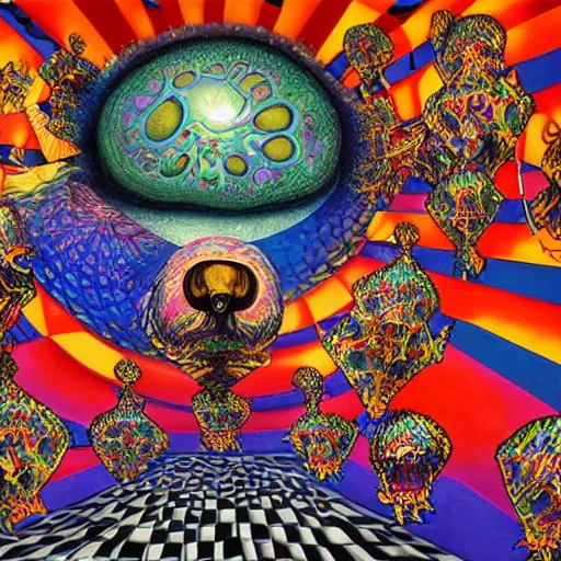 Image similar to Psychedelic Inter-dimensional freemasonic checkered trippy dreamscape in the style of an album cover by Howard Finster, Michael Cheval (unreal engine, 3d highly detailed, 8k, UHD, fantasy, dream, otherworldly, bizzare, spirals, colourful, vivid)