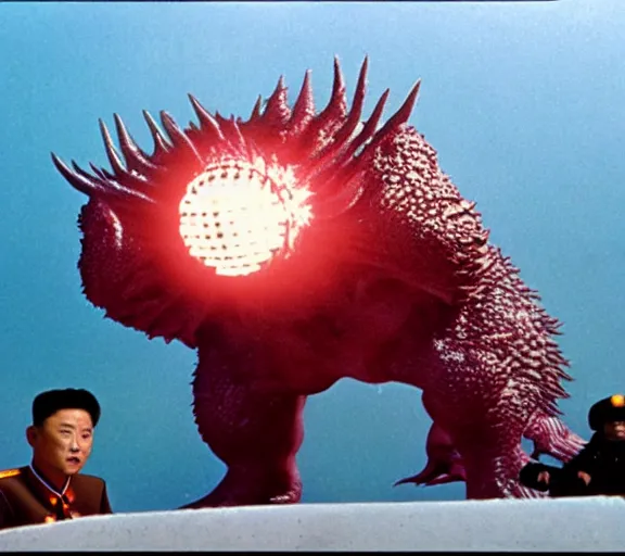 Image similar to Pulgasari the North Korean monster, volumetric lighting, filmstill, produced by Kim Jong-il, Kodachrome, kaiju-eiga, starfish monster movie