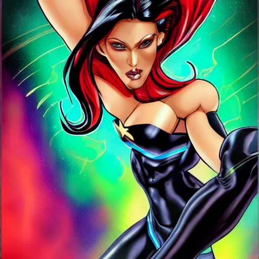 Prompt: Full-body Portrait of a bombshell superhero woman with long brunette hair, skintight rainbow body suit, character design, accentuated feminine features, female superhero proportions, realistic face, detailed face, symmetrical face, comic book cover visual style, dramatic lighting, tonemapping, highly detailed, sharp focus, heavy contour lines, realism, cel shading, vibrant colors, ArtStation, trending on ArtStation, DeviantArt, David Nakayama