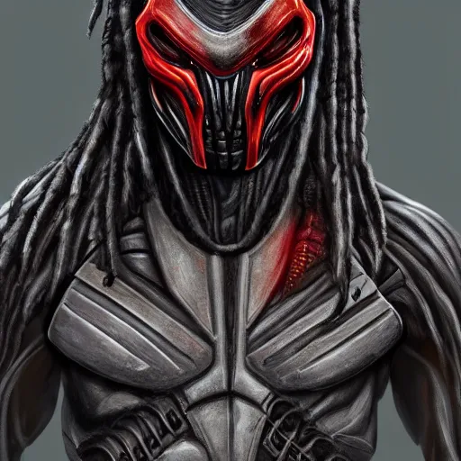 Image similar to character digital painting of an alien with dreadlocks and wearing grey high tech armor, The Predator, Yautja, hyperdetailed, trending on Artstation