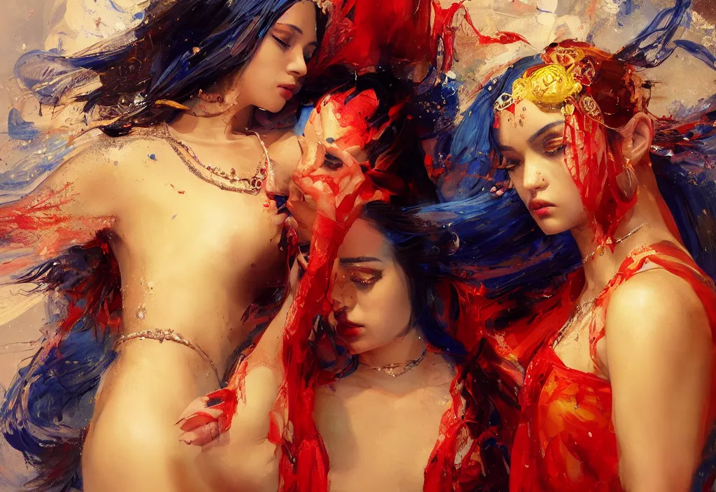 Prompt: full body portrait of a duo of 1 9 years old girl figures, oriental tattoos, jeweled ornament over forehead, subject wearing a used bedsheet, flowing, beautiful, dramatic, theatrical, cinematic lighting, ultramarine, lemon, fire red, few vivid highlights, visible brushstrokes, by greg rutkowski and jeremy mann, artstation, oil on canvas