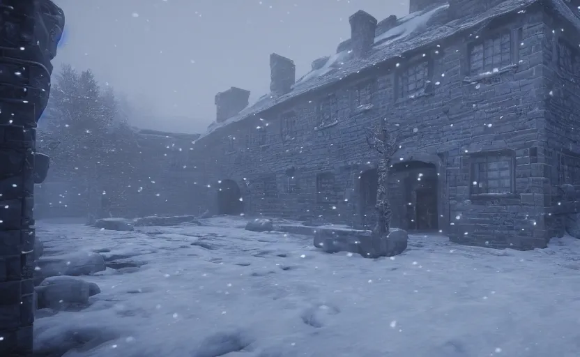 Image similar to winterfell in the snowstorm, doomy, Unreal Engine, cinematic photography, highly-detailed, games of thrones, HBO, high resolution, 8k, photorealistic, stunning volumetric lighting