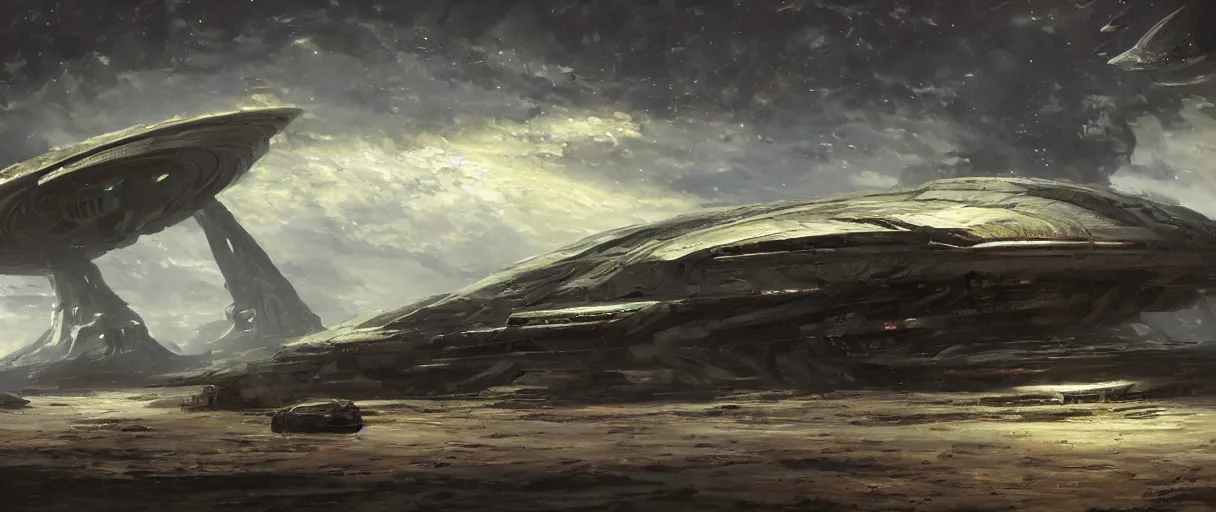 Prompt: An oil painting of a huge alien starship by Craig Mullins