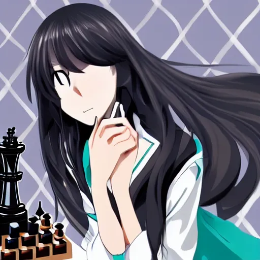 Image similar to anime portrait of long black hair anime girl pondering next to a chess set, cute, official art