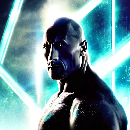 Prompt: dwayne johnson profile picture futuristic neon vibrant laser eyes cyberpunk, dark knight