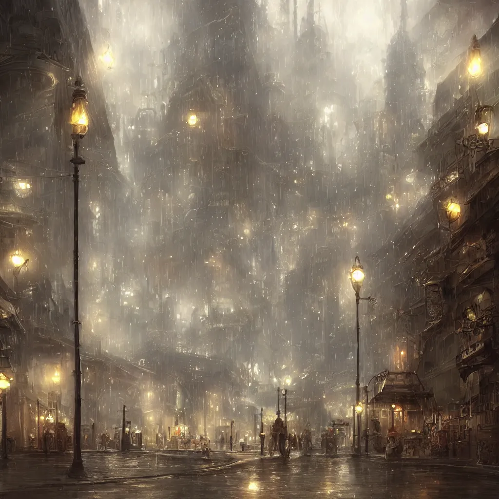 Image similar to steam punk city, concept art, light rain