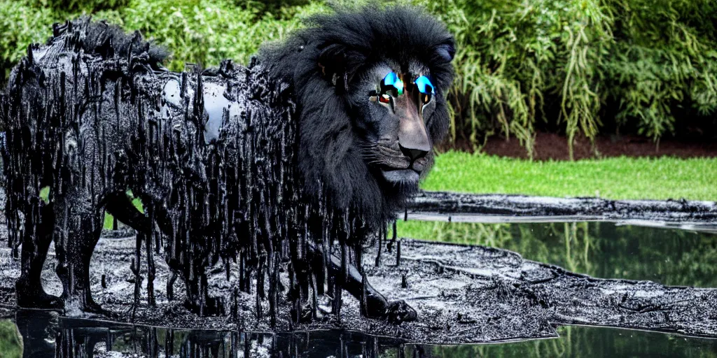 Image similar to the smooth black lion pack, made of smooth black goo, bathing in the black goo moat in the zoo exhibit, viscous, sticky, full of black goo, covered with black goo, splattered black goo, dripping black goo, dripping goo, splattered goo, sticky black goo. photography, dslr, reflections, black goo, zoo, exhibit