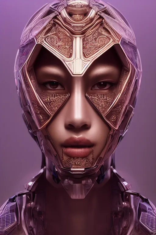 Image similar to beautiful portrait of friendly attractive alien cyborg, style of Feng Zhu, Artstation geometric, aesthetic, smooth skin, unique features, symmetrical, intricate crown, high fashion, streetwear, cyberpunk, detailed, octane render, cinematic, 8k, purple skin, brown skin