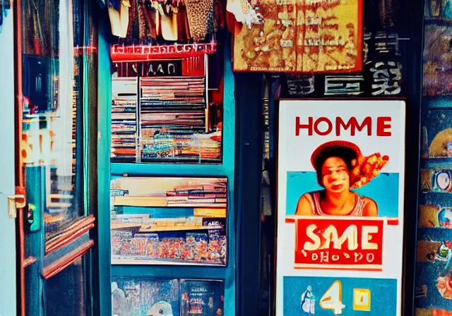 Prompt: home photography portrait, A shop keeper person of the SHOME, floor, signboards , poster ; summer, Color VHS picture quality with mixed noise