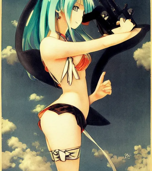 Prompt: Anime art very beautiful Hatsune miku by Gil Elvgren, Earl Moran, Enoch Bolles, symmetrical shoulders, thick thigs