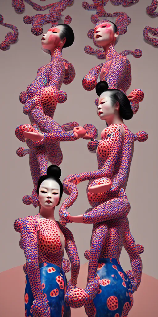 Image similar to hyperrealistic detailed image of a geisha twins in a art installation room, hd smooth interior by yayoi kusama, part by kei mieno, part by ross tran, dark art by james jean, ultra realistic, highly detailed, life like face, detailed body, 8 k, 3 d render by roger magrini, masterpiece