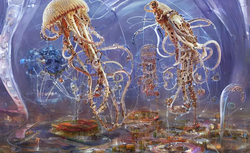 Image similar to Cyborg biomechanical jellyfish city. By Konstantin Razumov, highly detailded