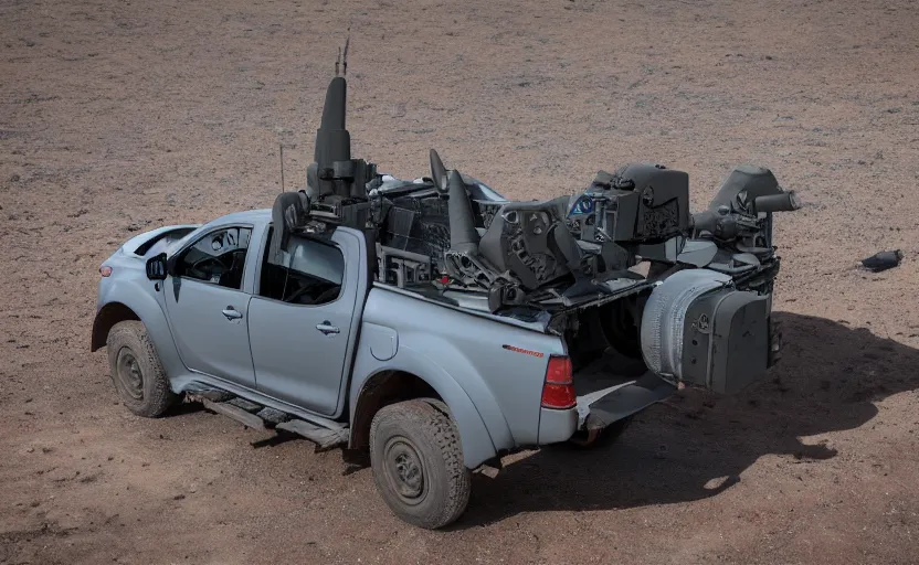 Prompt: wideshot of a UB-32 rocket pod mounted on a Mitsubishi Triton, highly detailed, 4k photo, shot with sony alpha