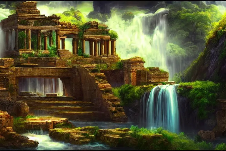 Image similar to ancient ruins and waterfalls, retrowave epic art, trending on art station