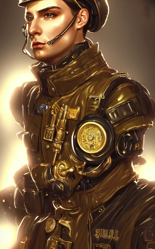 Prompt: full view portrait character concept artstation military - uniform - suit with gold electronics and neon steampunk, hyperdetailed digital art illustration