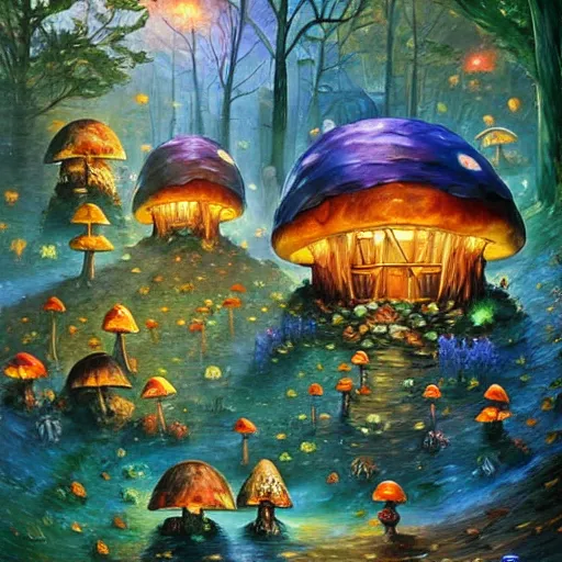 Image similar to forest village with mushroom houses, glowing fungi, art by james christensen, rob gonsalves, paul lehr, leonid afremov and tim white