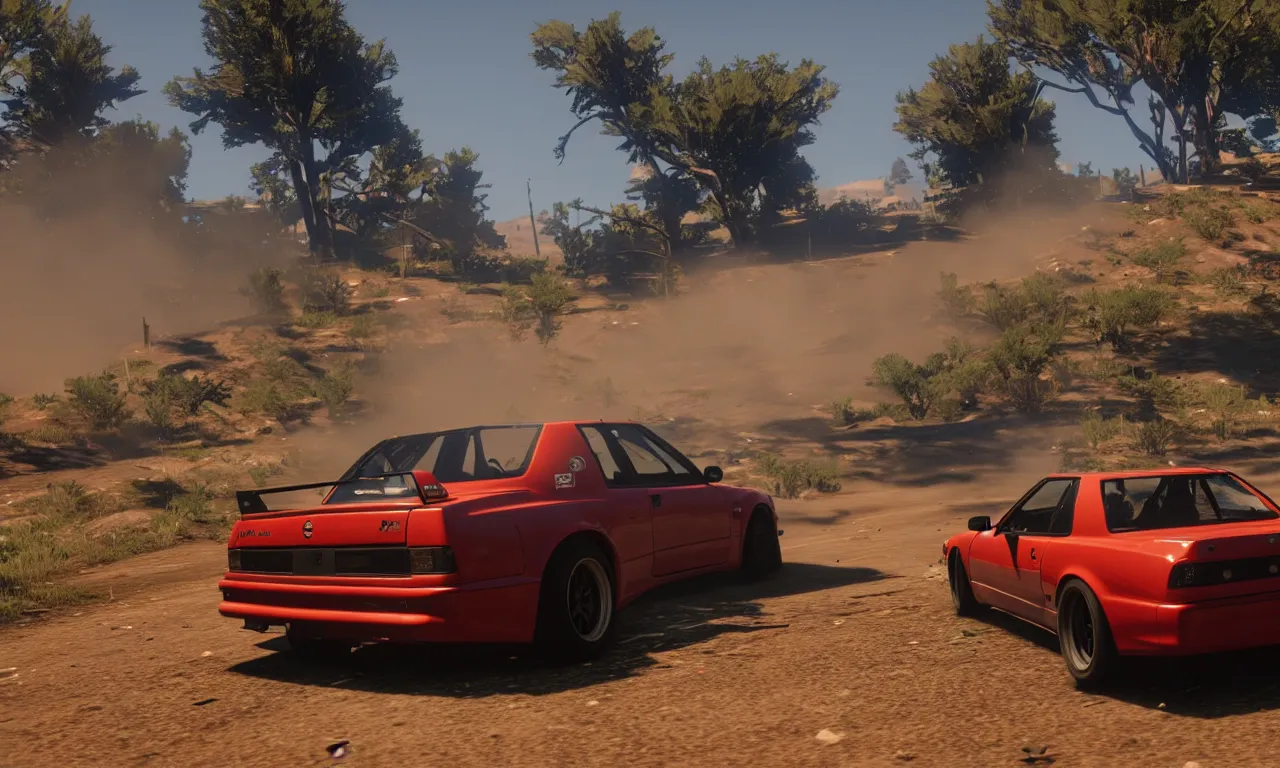 Image similar to a photo of a nissan s 1 3 drifting in red dead redemption 2